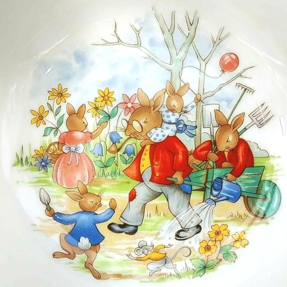 Royal Doulton Bunnykins Child's Coupe Cereal Bowl Gardening #1 Pattern 6" Vtg - Picture 3 of 5